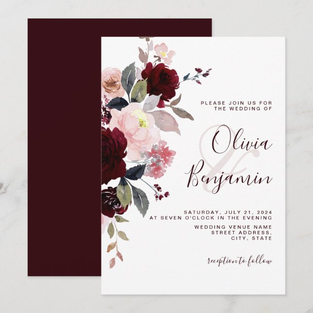 Burgundy Blush Marsala Hochzeitsfeier Einladung (Vorne/Hinten)