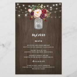 Burgundy Blush Mason Jar Rustic Wedding Menu Cards