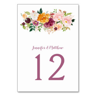 Burgundy Blush Mauve Saffron Floral Bouquet Tischnummer