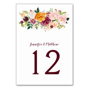 Burgundy Blush Mauve Saffron Floral Bouquet Tischnummer