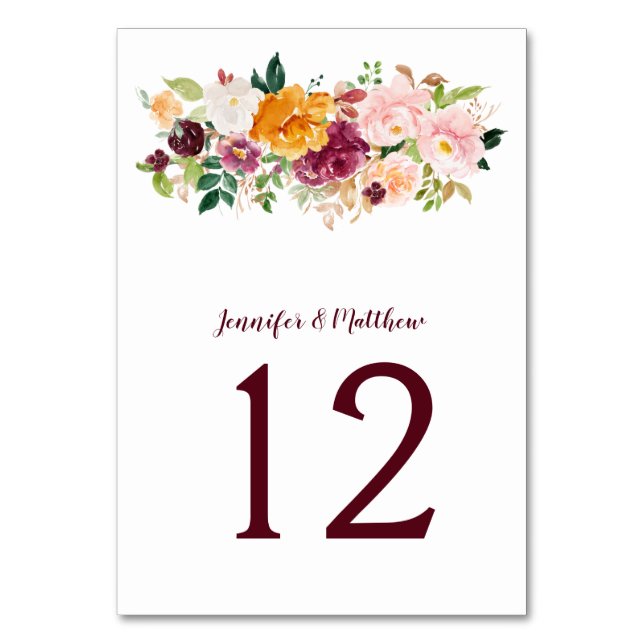 Burgundy Blush Mauve Saffron Floral Bouquet Tischnummer (Vorderseite)