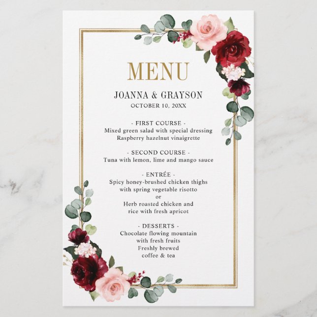 Burgundy Blush moderne Mariage géométrique Menu (Devant)