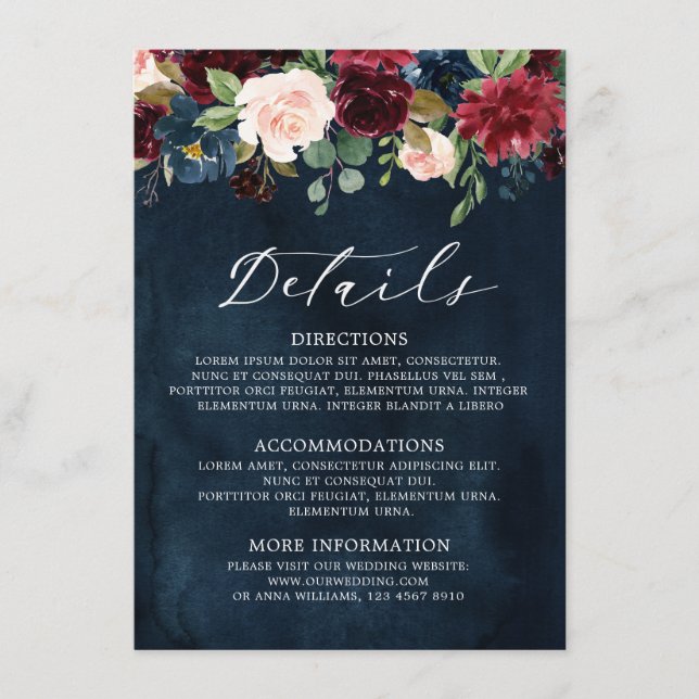 Burgundy Blush Navy Blue Botanical Floral Boho Begleitkarte (Vorderseite)