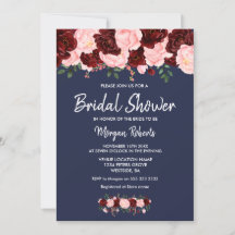 Burgundy Blush Navy Blue Bridal Showée Invitation