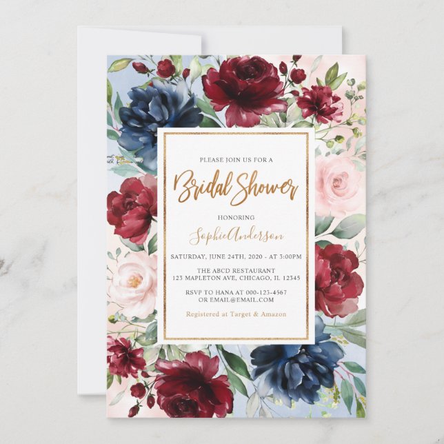 Burgundy Blush Navy Blue Floral Brautparty Einladung (Vorderseite)