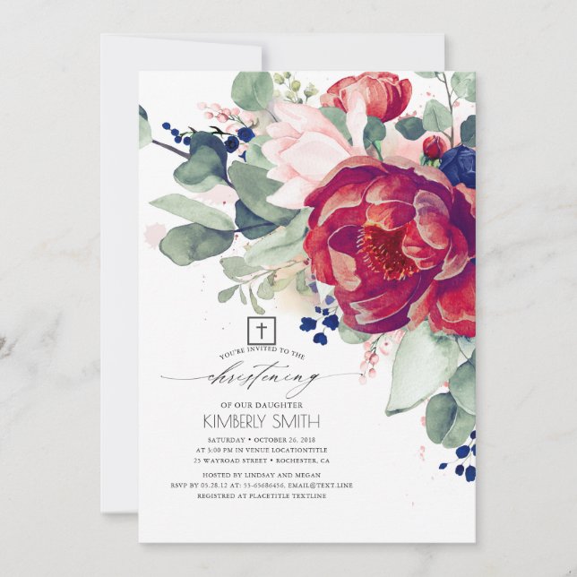 Burgundy Blush Navy Blue Floral Christening Einladung (Vorderseite)