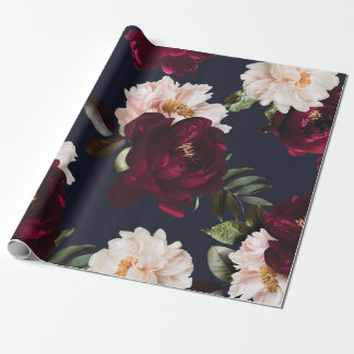 Burgundy Blush Navy Blue Floral Dark Moody Peonies Geschenkpapier