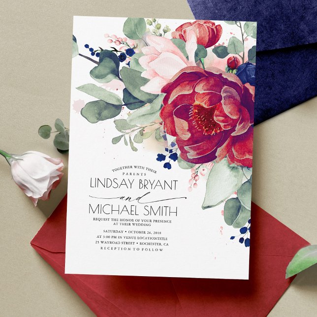 Burgundy Blush Navy Blue Floral Elegante Hochzeit Einladung (Burgundy Red and Navy Blue Floral Wedding Invitations)