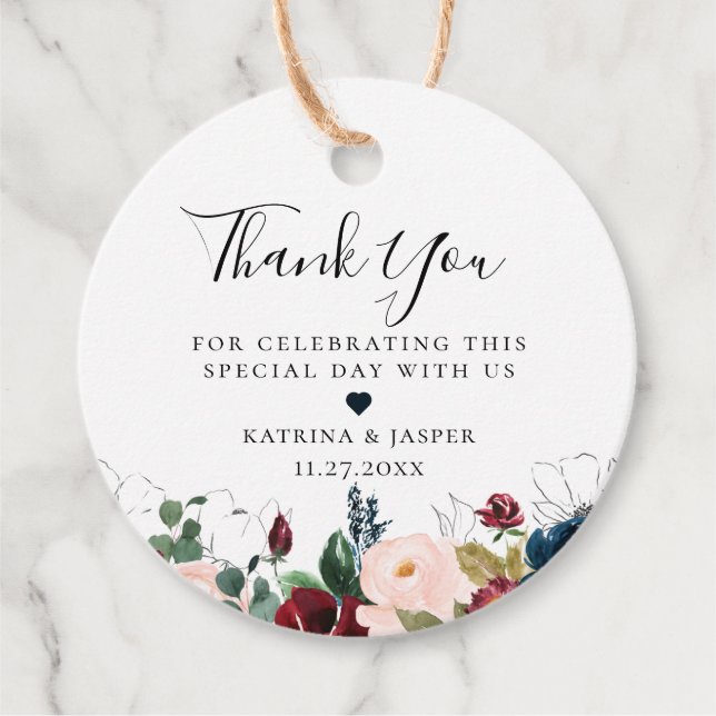 Burgundy Blush Navy Bluoral Bouquet Wedding Geschenkanhänger (Vorderseite)