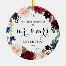 Burgundy Blush Navy Floral Erste Weihnachten Keramik Ornament