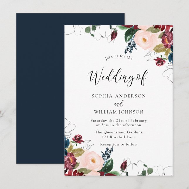 Burgundy Blush Navy Indigo Florals Hochzeit Einladung (Vorne/Hinten)