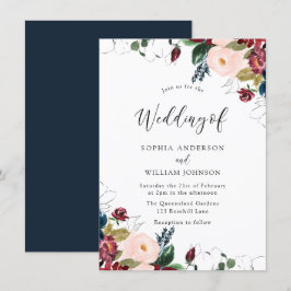 Burgundy Blush Navy Indigo Florals Hochzeit Einladung
