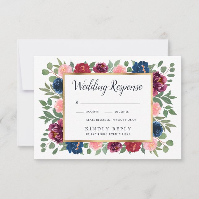 Burgundy Blush Navy Marsala Gold Wedding RSVP Card (Vorderseite)