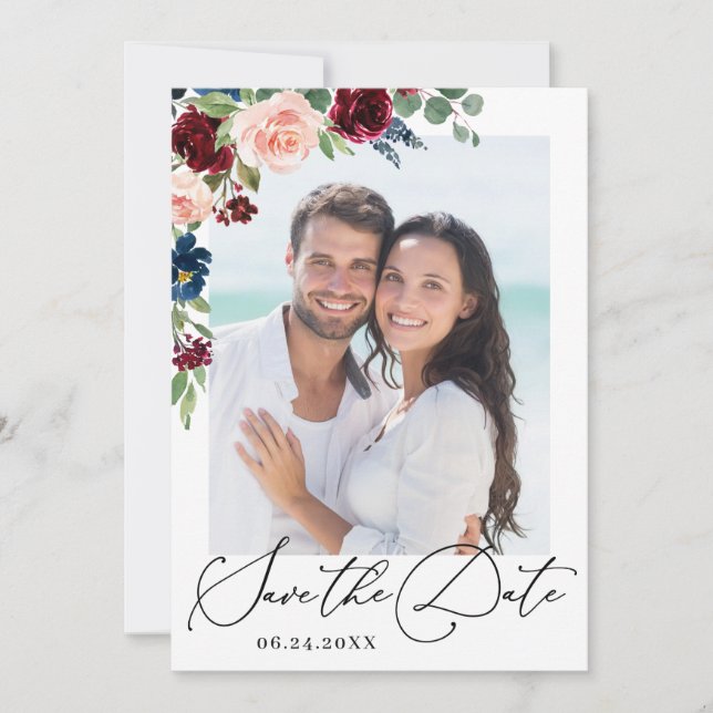 Burgundy Blush Navy Rose FOTO Hochzeit Sav Save The Date (Vorderseite)