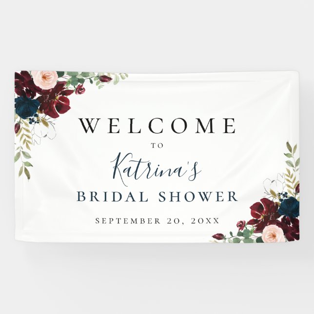 Burgundy Blush Navy Wasserfarbenfloral Banner (Horizontal)