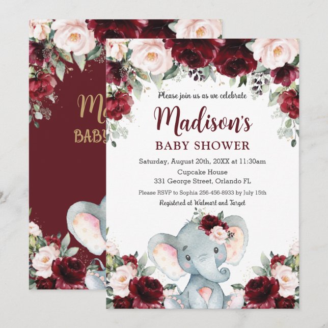 Burgundy Blush Niedlich Elephant Baby Dusche Einladung (Vorne/Hinten)