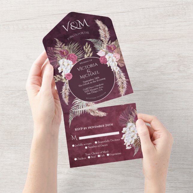 Burgundy Blush Pampas Grass Wedding All In One Einladung (Abreißen)