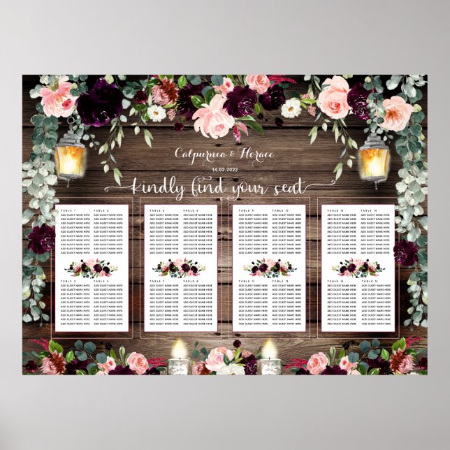 Burgundy Blush Pink 160 Gast Luxury Seating Chart Poster (Vorne)