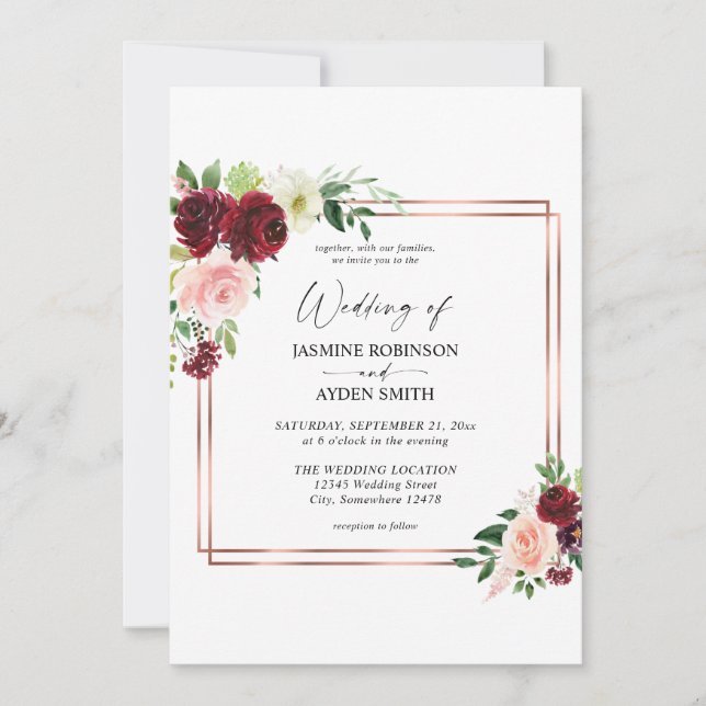 Burgundy & Blush Pink 4 Floral- und Goldrahmen Hoc Einladung (Vorderseite)