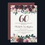Burgundy Blush Pink Bloral Blätter 60. Geburtstag Einladung<br><div class="desc">Eleganter Bordeaux und rot rosa Aquarellblüte mit schlängelgrünen Blätter auf weißer 60. Geburtstagsfeier mit einem schönen Kalligraphie-Script-Schriftart.</div>
