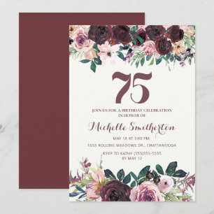 Burgundy Blush Pink Bloral Blätter 75. Geburtstag Einladung