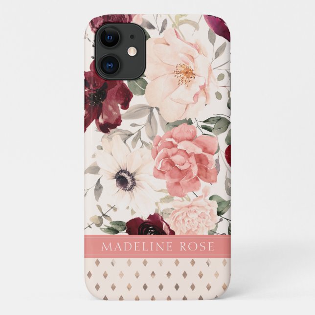 Burgundy Blush Pink Bloral Name Case-Mate iPhone Hülle (Rückseite)