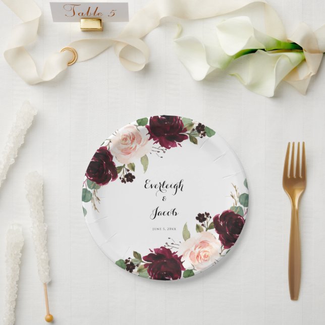 Burgundy Blush Pink Bloral Wedding Pappteller (Hochzeit)
