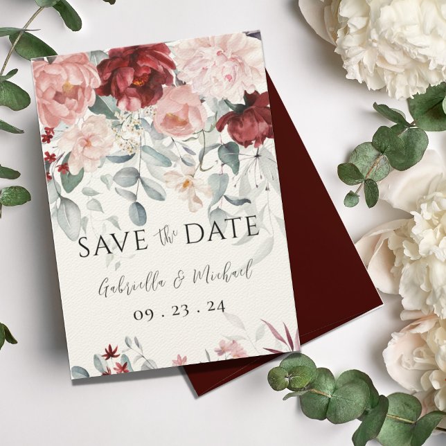 Burgundy Blush Pink Bloral Wedding Save The Date (Von Creator hochgeladen)