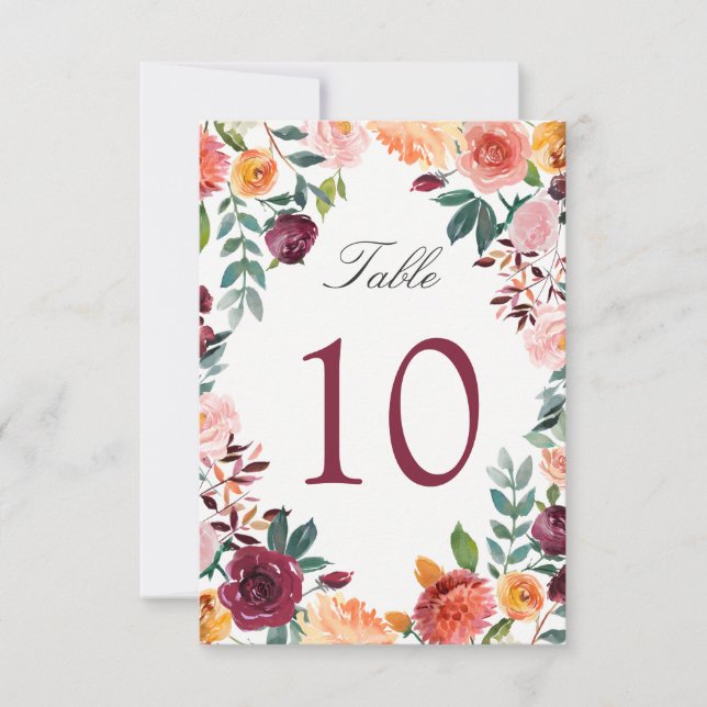 Burgundy Blush Pink Blume Hochzeit Tischnummer (Vorderseite)