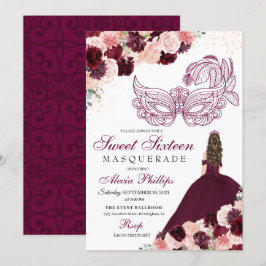 Burgundy Blush Pink Blumenmasquerade Sweet 16 Inv. Einladung