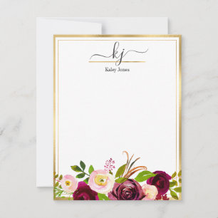 Burgundy Blush Pink Botanical Floral Monogram Mitteilungskarte