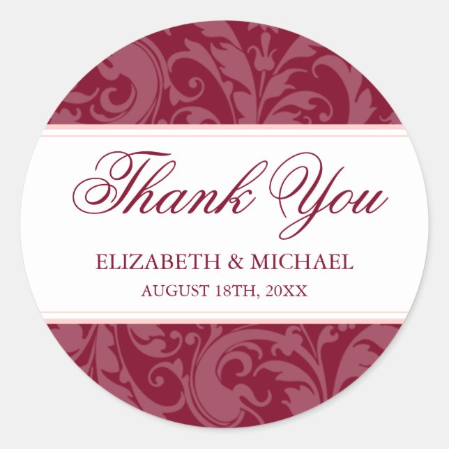 Burgundy Blush Pink Damask Swirl Wedding Vielen Da Runder Aufkleber (Vorderseite)