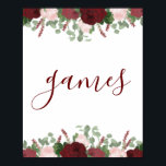 Burgundy Blush Pink Floral Bridal Shower Sign Poster<br><div class="desc">This design features pretty painted, watercolor blooms in deep red burgundy and shades of blush pink, accented with green leaves. Click the customize button for more flexibility in modifying the text or moving the graphics! Variations of this design as well as coordinating products are available in our shop, zazzle.com/store/doodlelulu. Contact...</div>