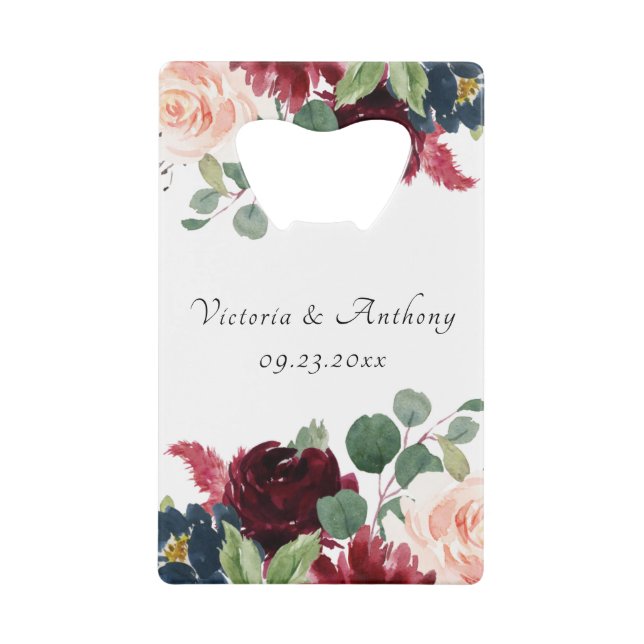 Burgundy Blush Pink Floral Elegante Script Hochzei Geldbeutel Flaschenöffner (Vorderseite)
