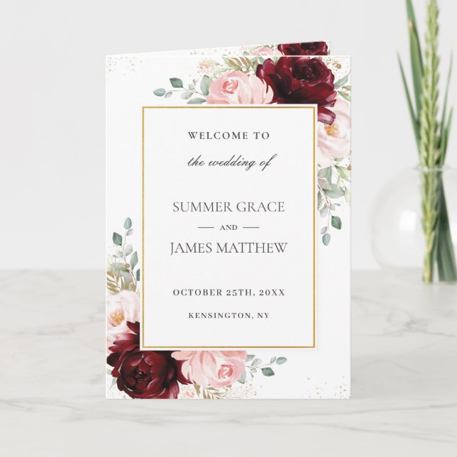 Burgundy Blush Pink Floral Gold Hochzeitsprogramm Programm (Vorderseite)
