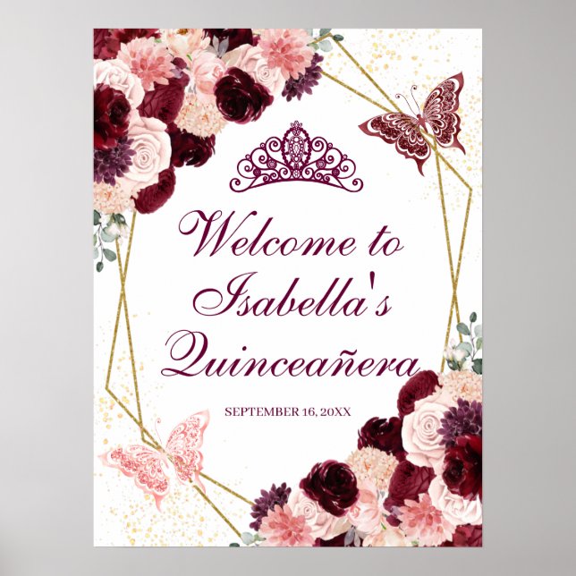 Burgundy Blush Pink Floral Quinceanera Poster (Vorne)
