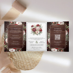 Burgundy Blush Pink Floral Rustic Wood Wedding Dreifach Gefaltete Einladung