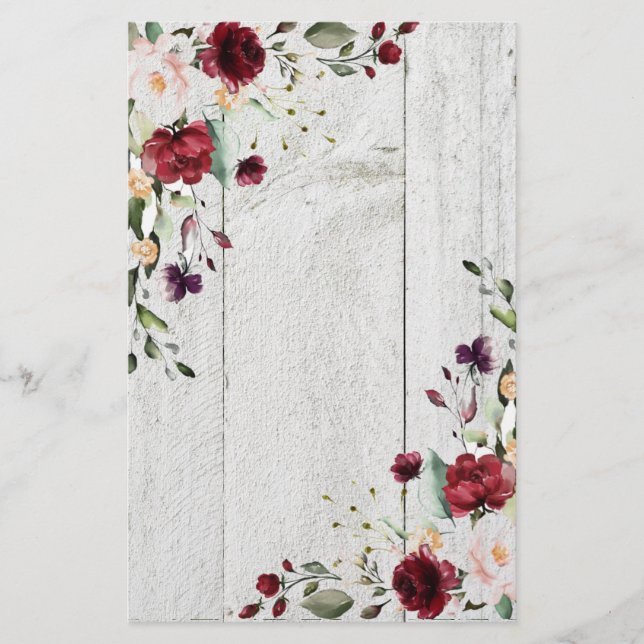Burgundy Blush Pink Floral Rustikal Briefpapier (Vorderseite)