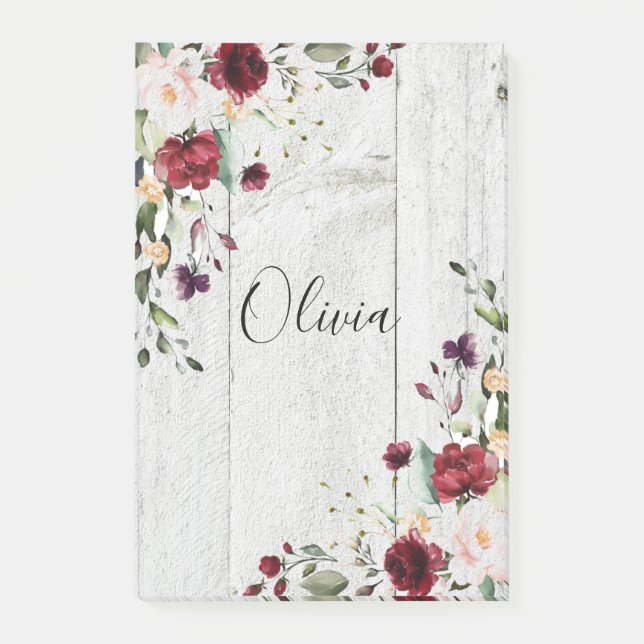 Burgundy Blush Pink Floral Rustikal Post-it Klebezettel (Vorderseite)