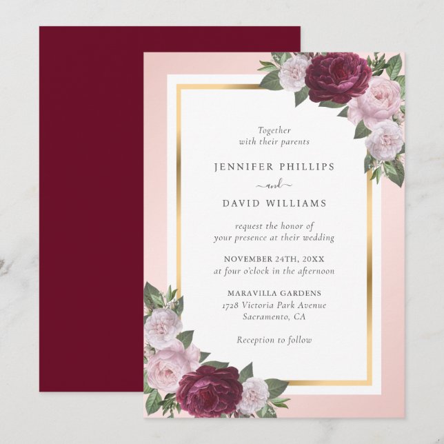 Burgundy Blush Pink Gold Floral Wedding Einladung (Vorne/Hinten)
