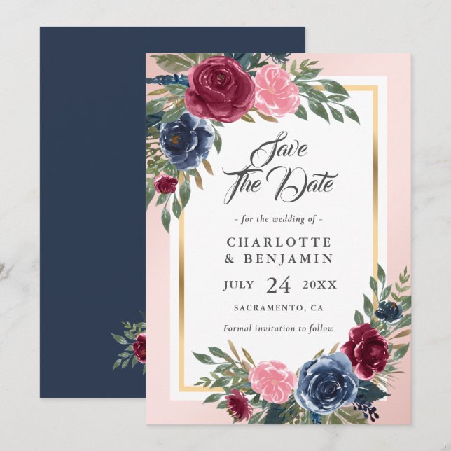 Burgundy Blush Pink Navy Blue Floral Wedding Save The Date (Vorne/Hinten)