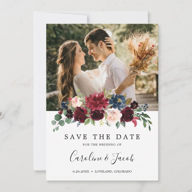 Burgundy Blush Pink Navy Blue Floral Wedding Save The Date (Vorderseite)