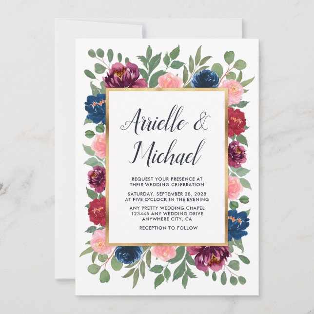 Burgundy Blush Pink Navy Blue Marsala Gold Wedding Einladung (Vorderseite)