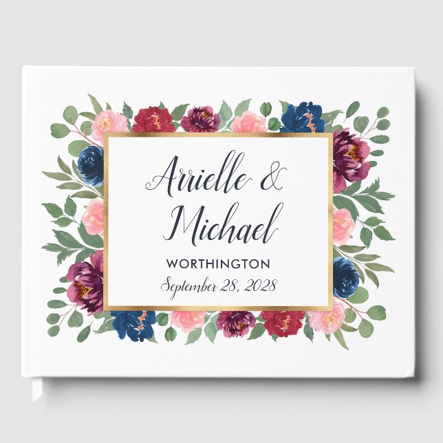 Burgundy Blush Pink Navy Blue Marsala Gold Wedding Gästebuch (Vorderseite)