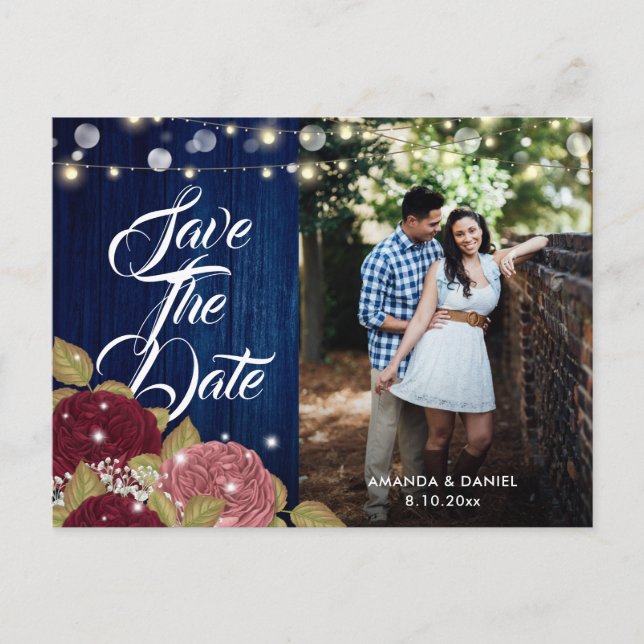 Burgundy Blush Pink Navy Blue Wedding Foto Ankündigungspostkarte (Vorderseite)