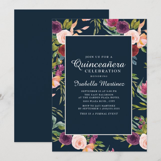 Burgundy Blush Pink Navy Floral Quinceñera Einladung (Vorne/Hinten)