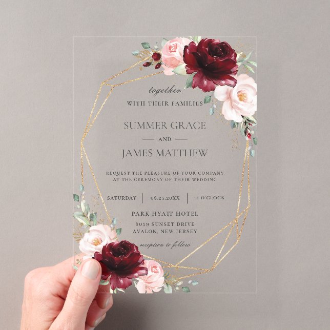 Burgundy Blush Pink Roses Floral Geometric Wedding Acryleinladungen (Insitu (Handheld))