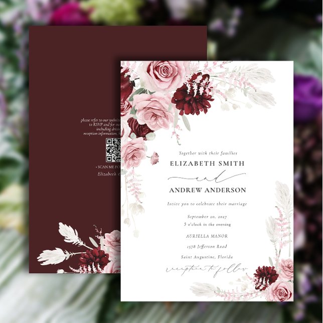 Burgundy Blush Pink Roses Floral QR Code Hochzeit Einladung (Von Creator hochgeladen)