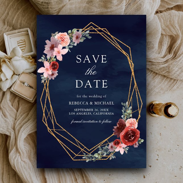Burgundy Blush Pink Roses Navy Blue Wedding Save The Date (Von Creator hochgeladen)