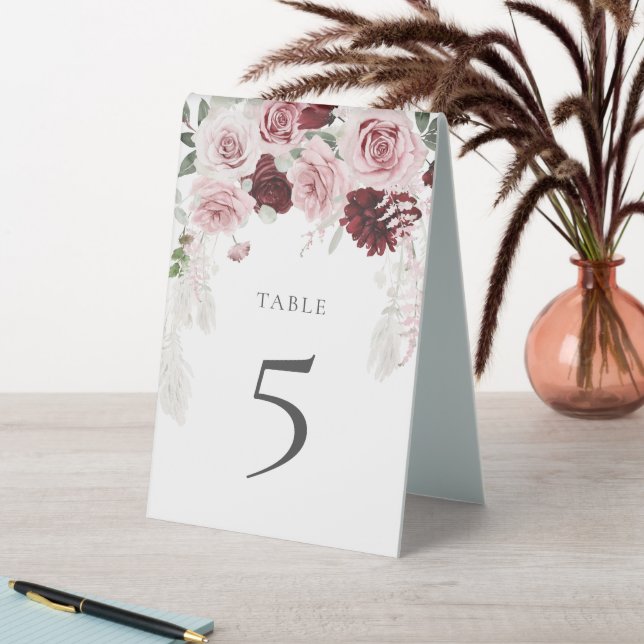 Burgundy Blush Pink Roses Wedding Tischnummer Tischaufsteller (In Situ (Tisch))